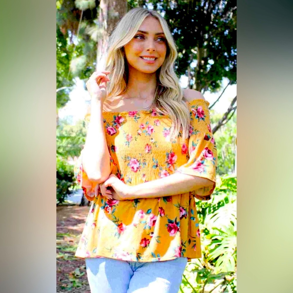 Boho Smocked Off-the-Shoulder Floral Blouse